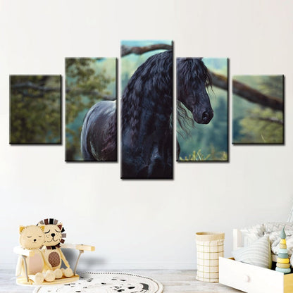 Majestic Horse in Forest - 5 Panel Canvas Art for Home Decor