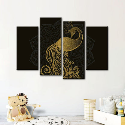 Elegant Golden Mandala Peacock Art Set - 4 Canvas Pieces