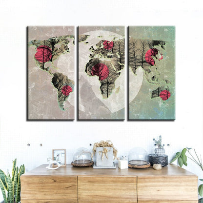 Abstract Pink Sun World Map Canvas Art Set - 3 Piece Wall Decor