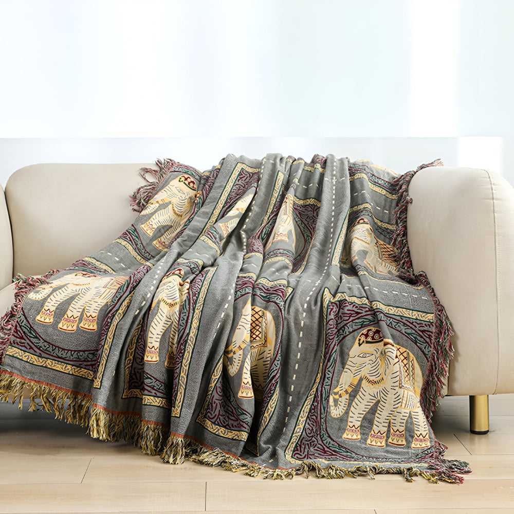 Charming Cotton Throw with Elephant Design and Tassels