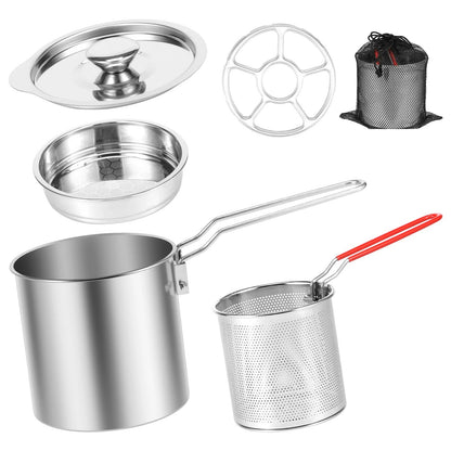 Deep Fryer Pot in Stainless Steel - Includes Strainer Basket and Handle
