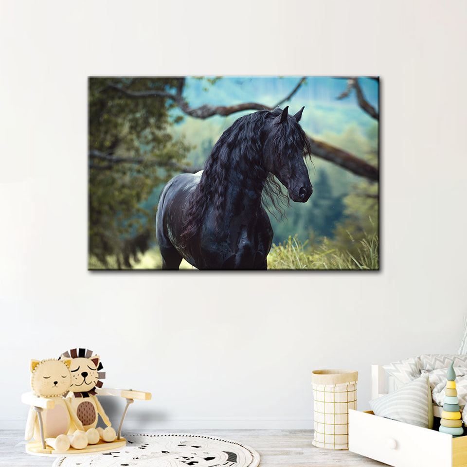 Canvas Artwork of a Black Horse in the Forest