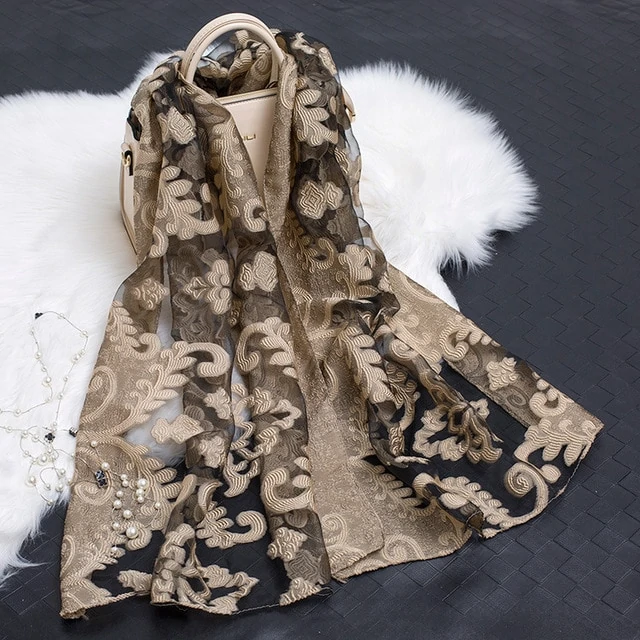 Silk Scarf Featuring Hollow Floral Design