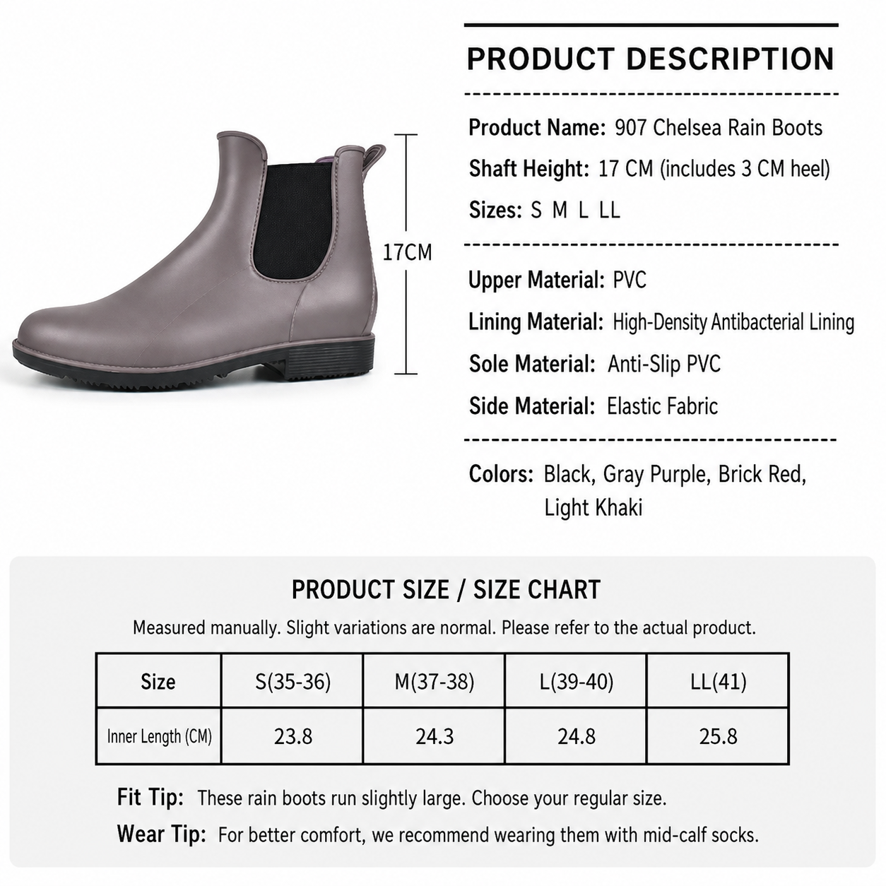 Waterproof Slip-On Ankle Booties for Women - Non-Slip Chelsea Rain Boots