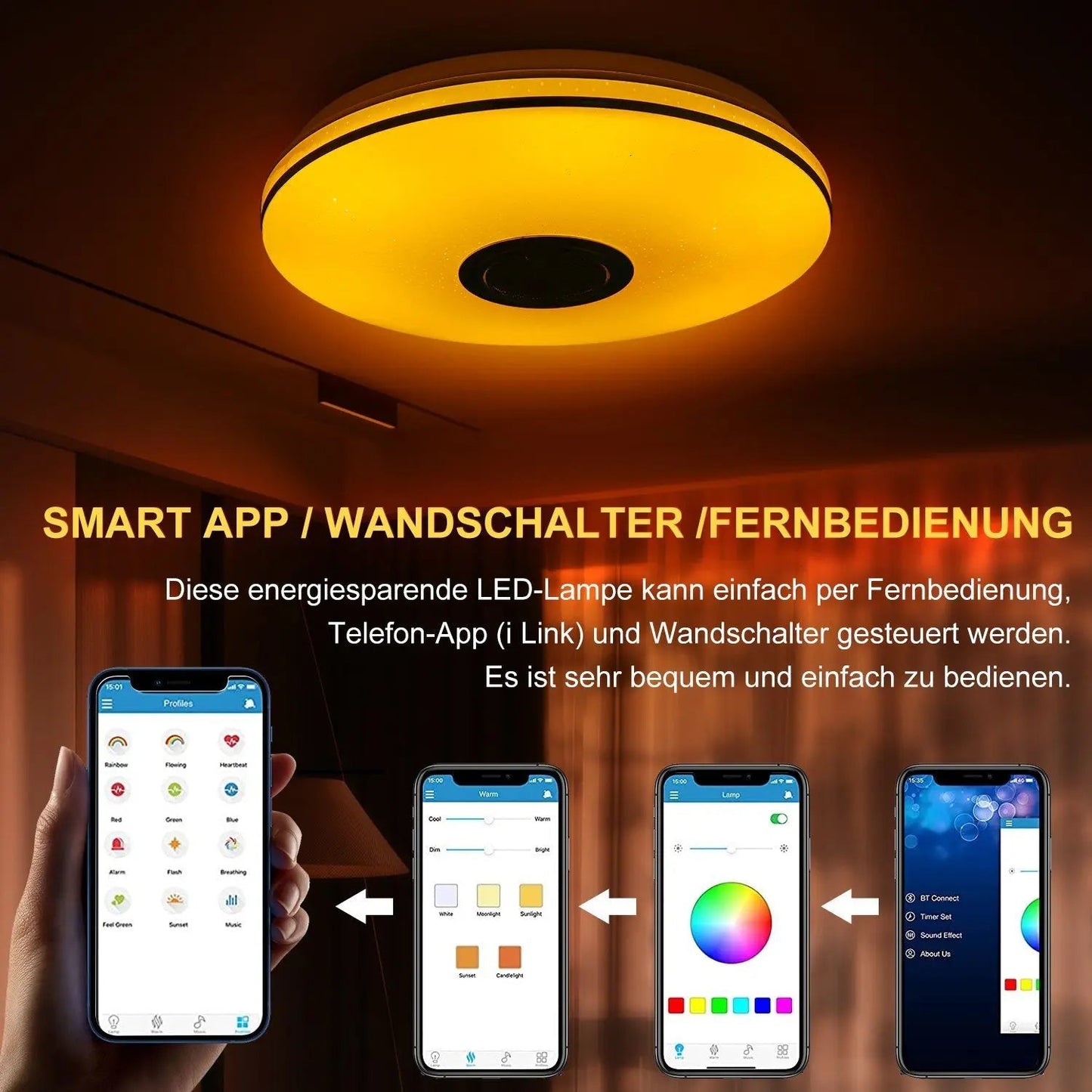 Auralite Smart Ceiling Light | RGB LED Fixture | Bluetooth Speaker & Remote | App-Controlled Dimming | 36W