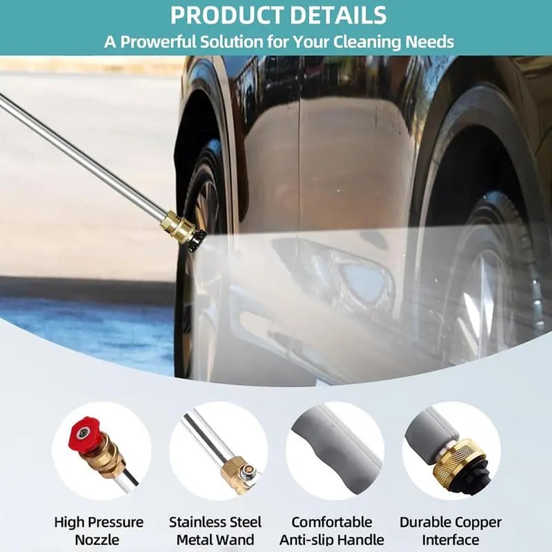 PowerSpray High-Pressure Nozzle for Garden Hoses 44.5 cm | Dual Nozzles: Stream & Fan | Stainless Steel/Copper, Leak-Proof, 1/2" & 3/4"