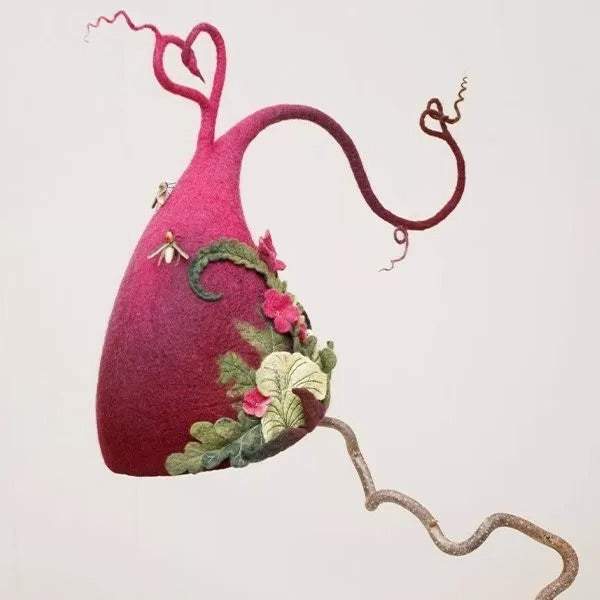 Handcrafted Witch Hat in Merino Wool and Silk Chiffon - Hexagonal Design
