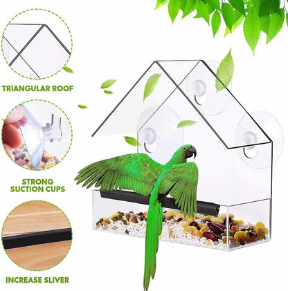 Window Bird Feeder with 3 Suction Cups | Clear Acrylic for Birdwatching | Open Design | Easy to Fill & Clean