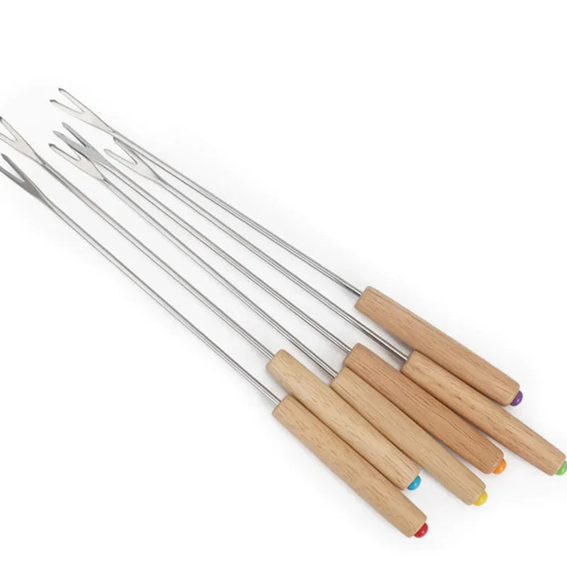 6-Piece Stainless Steel BBQ Fork Set with Comfortable Wooden Grip