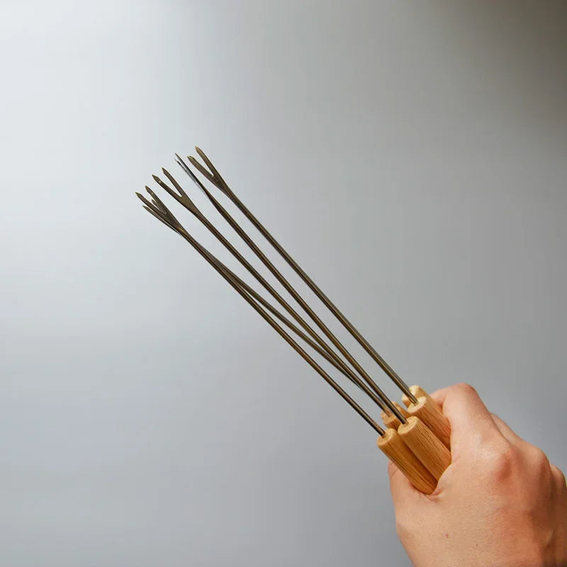6-Piece Stainless Steel BBQ Fork Set with Comfortable Wooden Grip