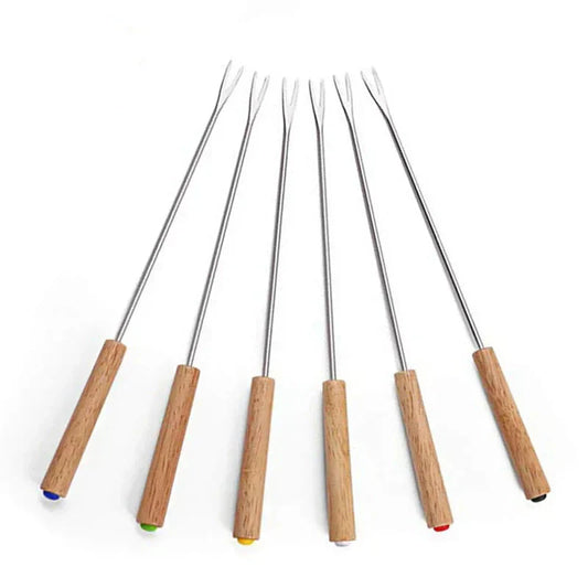 6-Piece Stainless Steel BBQ Fork Set with Comfortable Wooden Grip
