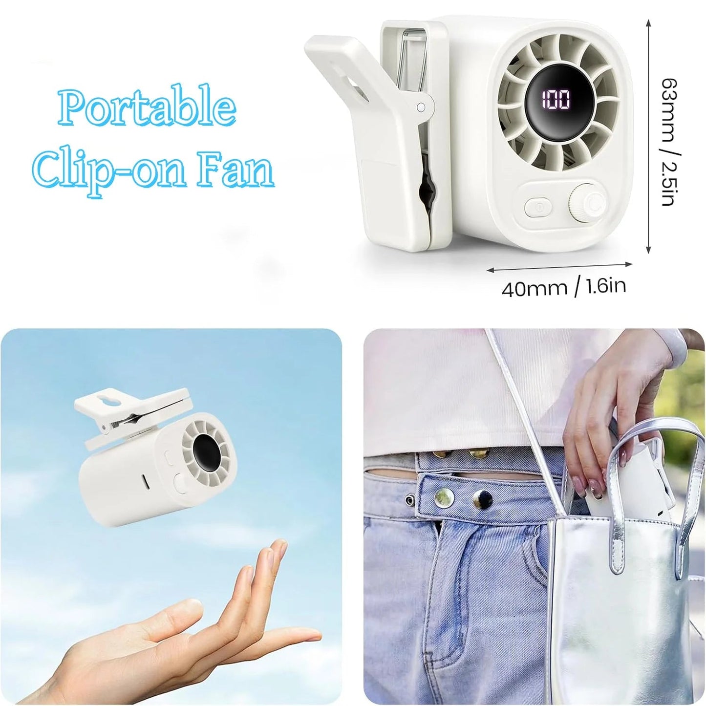 Compact Rechargeable Mini Clip Fan | 6.2 x 4.5 x 6.3 cm | 100 Speed Levels