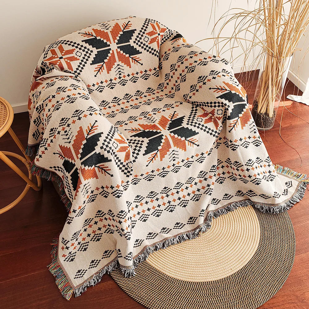 XXL Southwest Ethnic Design Throw Blanket with Fringe Edges - Boho Aztec Checkered Cotton Blend
