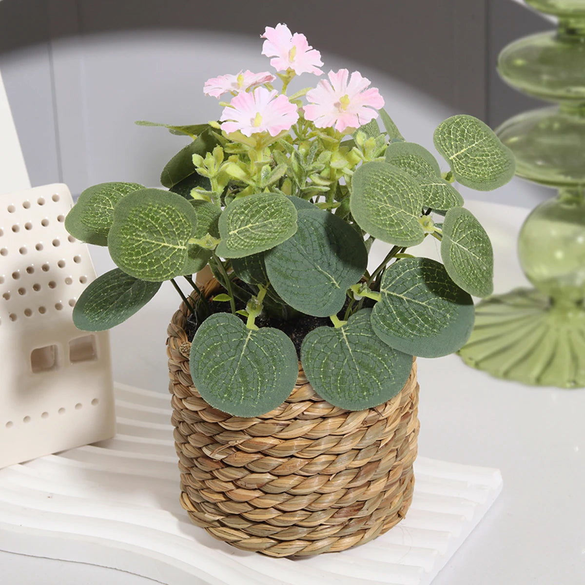 Mini Artificial Eucalyptus with Flowers | 11 cm | Includes Woven Basket | Easy-Care Indoor Decoration