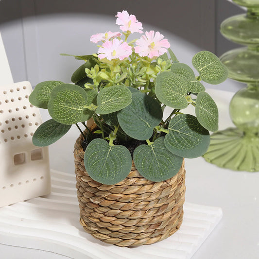 Mini Artificial Eucalyptus with Flowers | 11 cm | Includes Woven Basket | Easy-Care Indoor Decoration