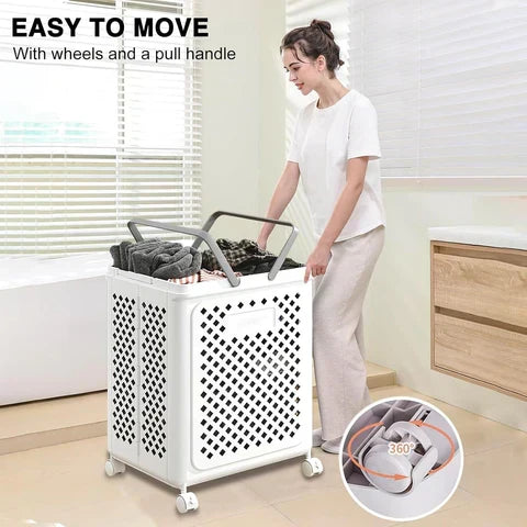 Compact Laundry Cart on Wheels | Space-Saving Hamper with Handles