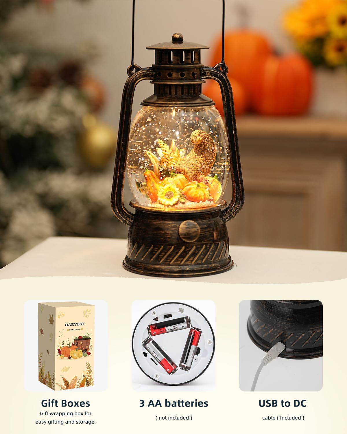 Decorative Autumn Lamp with Pumpkins – Warm LED Light & 6-Hour Timer