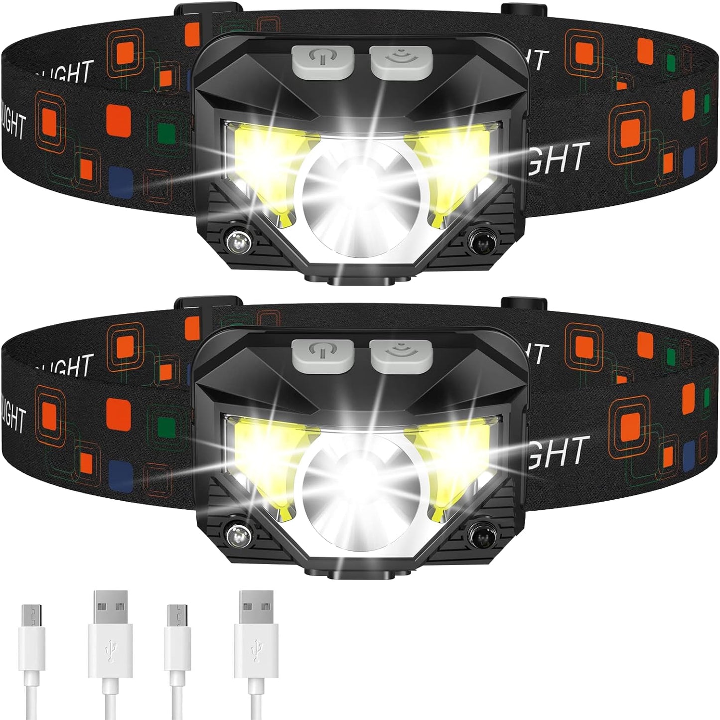 2-Pack Rechargeable Waterproof LED Headlamp with Motion Sensor