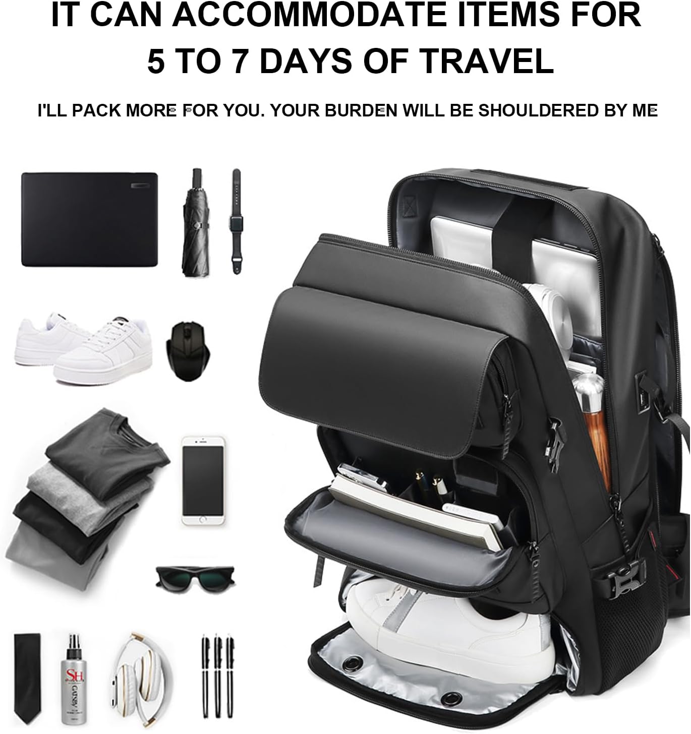 Waterproof 50L Travel Backpack featuring Shoe Storage and USB Port