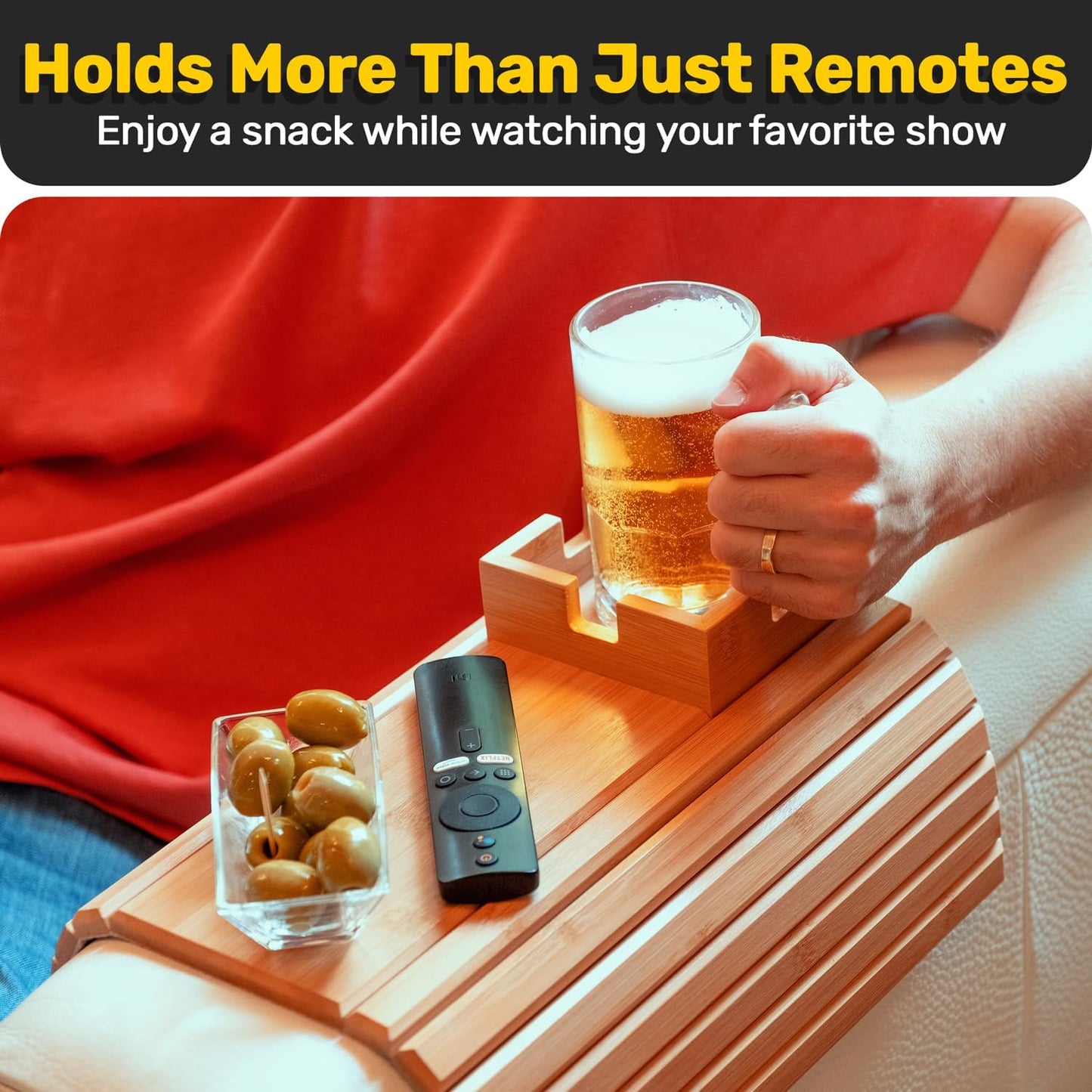 Sofa Armrest Tray with Cup Holder | Non-Slip & Sturdy, 41.5×33.5 cm | Perfect for Remotes, Phones & Snacks