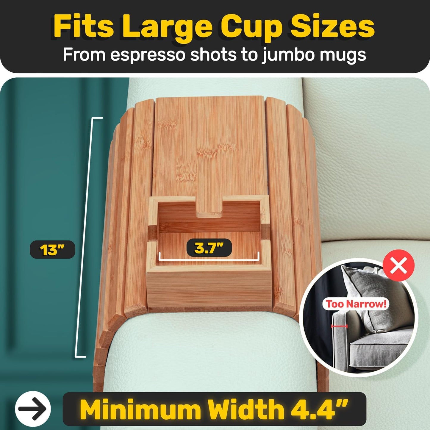 Sofa Armrest Tray with Cup Holder | Non-Slip & Sturdy, 41.5×33.5 cm | Perfect for Remotes, Phones & Snacks