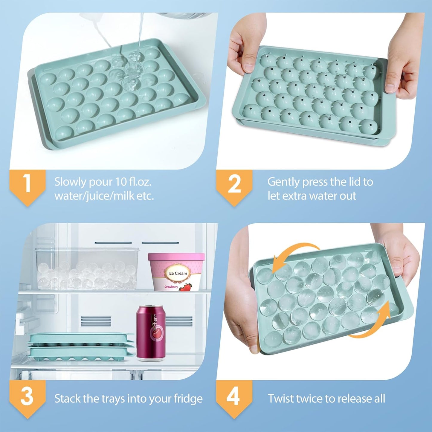 2-Pack Round Ice Mold Trays with Lids and Bin – 0.8” Freezer Tools