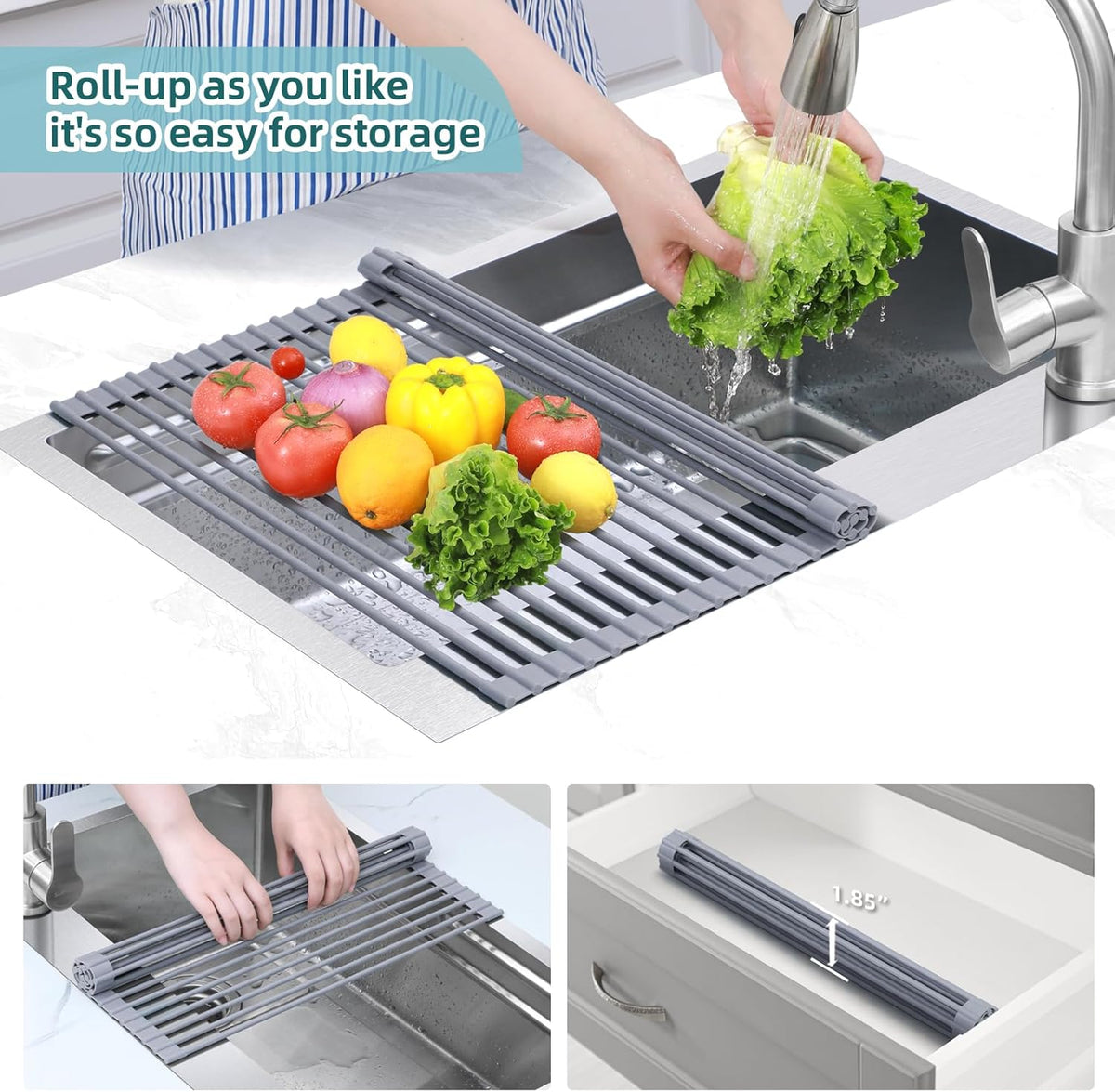 Heat-Resistant Roll-Up Dish Drying Mat with Folding Stainless Steel Rack