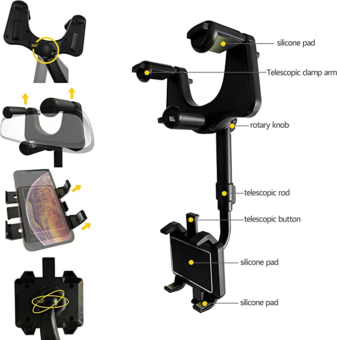 Adjustable Car Mirror Smartphone Mount | Fits Devices Up to 6.5 Inches | Conveniently Collapsible Design
