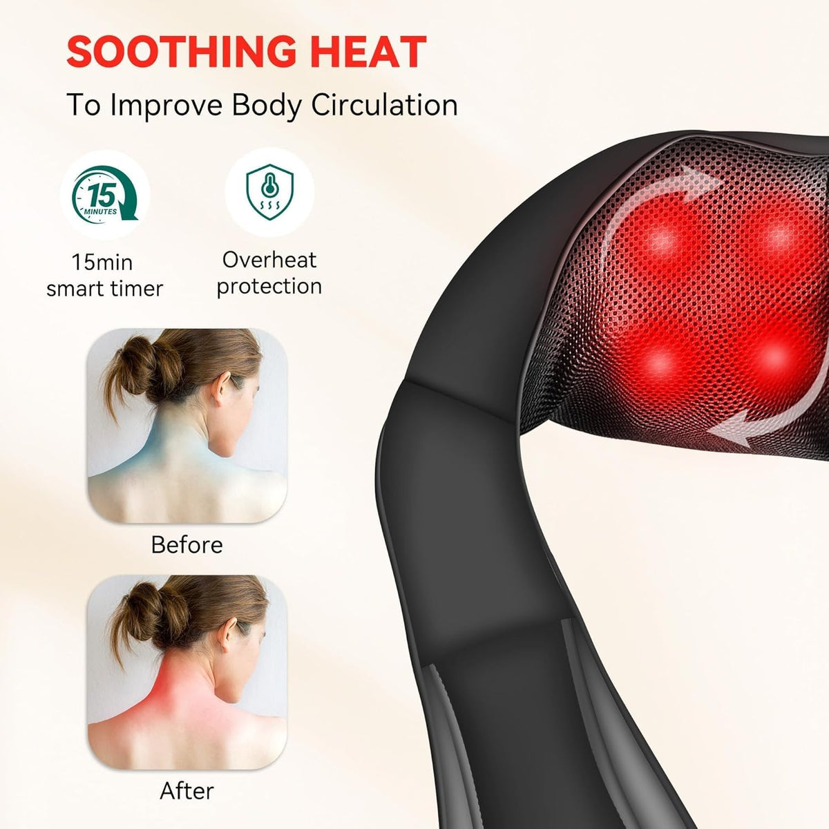 Cordless Neck and Shoulder Massager with Heat – 8 Kneading Nodes, 2 Intensities, 70–80 Minutes