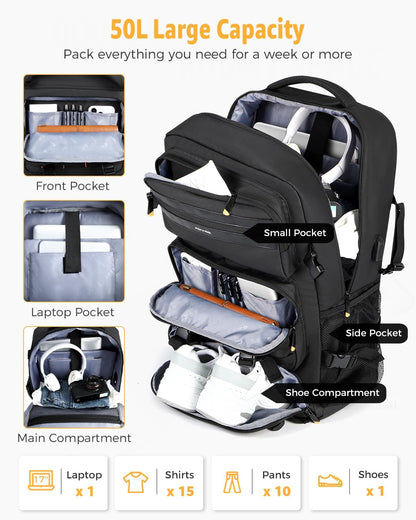 50L Versatile Travel Backpack with Shoe Compartment & USB Charger