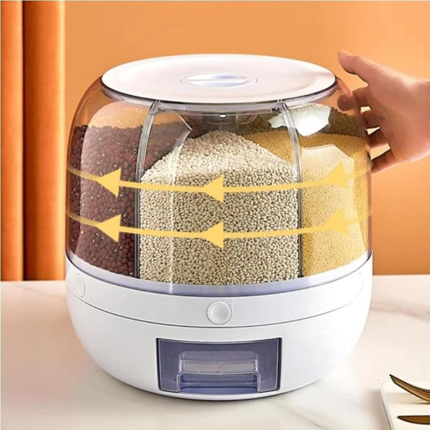 Revolving Grain Storage Dispenser with Clear View Design