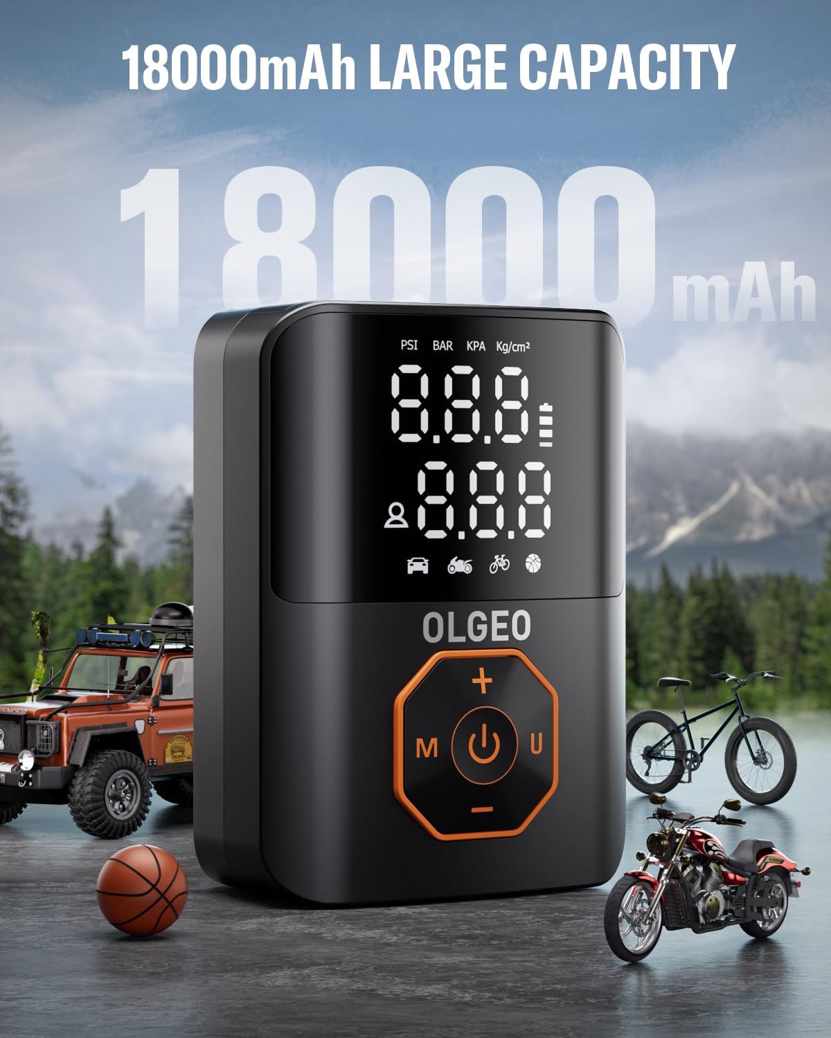 Portable Tire Inflator for Car, Motorcycle & Bicycle - 18000mAh, 160 PSI