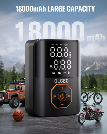 Portable Tire Inflator for Car, Motorcycle & Bicycle - 18000mAh, 160 PSI