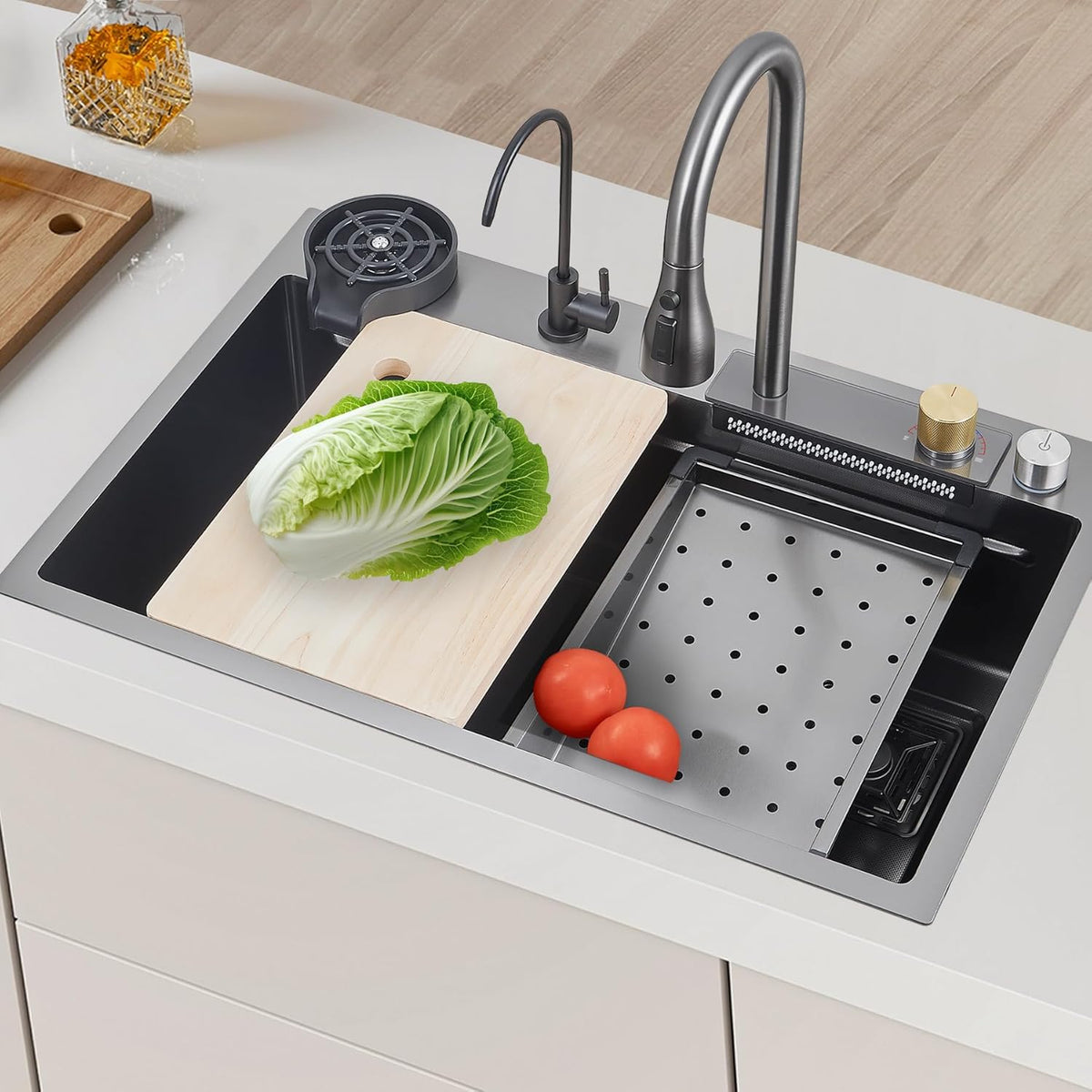 Single Bowl Stainless Steel Kitchen Sink with Built-in Faucet and Soap Dispenser