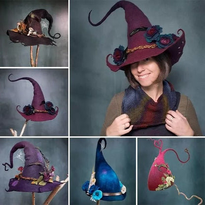 Handcrafted Witch Hat in Merino Wool and Silk Chiffon - Hexagonal Design