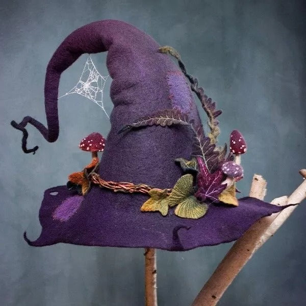 Handcrafted Witch Hat in Merino Wool and Silk Chiffon - Hexagonal Design