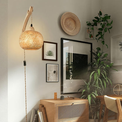 Bamboo Table Lamp with Woven Shade – Vintage Style with Plug and Switch