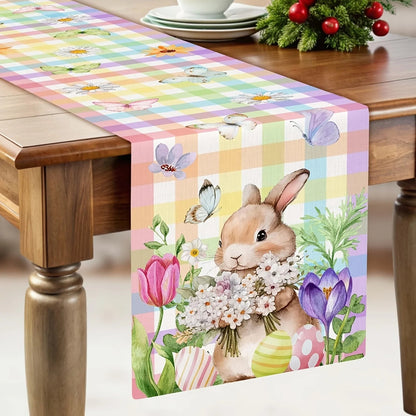 Spring Awakening Table Runner with Easter Bunnies & Butterflies | Linen Fabric | Spring Decor 150x33–200x33 cm