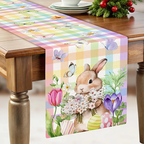 Spring Awakening Table Runner with Easter Bunnies & Butterflies | Linen Fabric | Spring Decor 150x33–200x33 cm