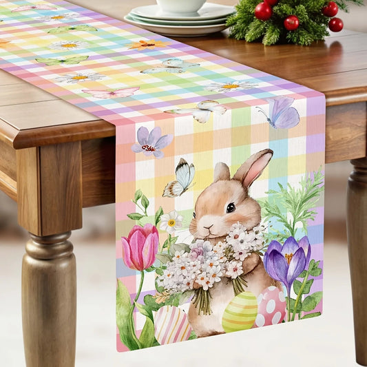 Spring Awakening Table Runner with Easter Bunnies & Butterflies | Linen Fabric | Spring Decor 150x33–200x33 cm