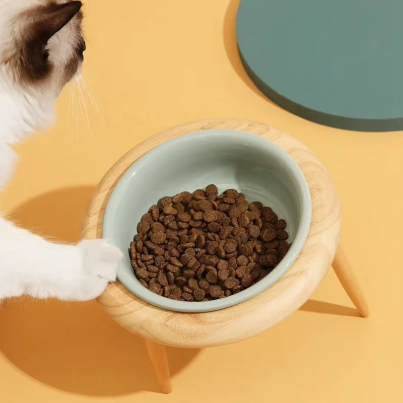 Ceramic Cat Bowl with Wooden Stand - Elevated Design