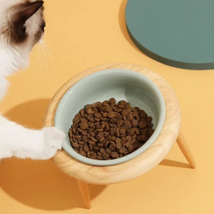 Ceramic Cat Bowl with Wooden Stand - Elevated Design