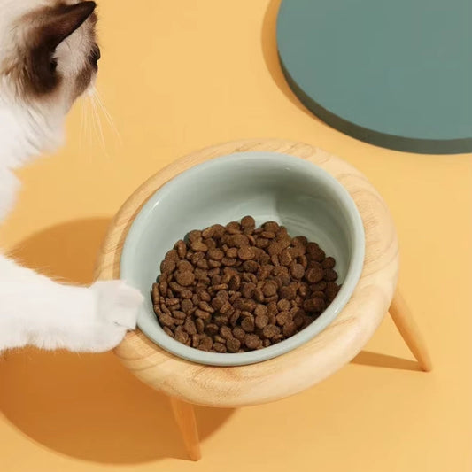 Ceramic Cat Bowl with Wooden Stand - Elevated Design