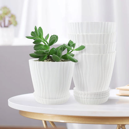 Set of 5 Planters with Drainage Holes and Saucers | Textured PP, 14.5 cm for Indoor and Outdoor Use
