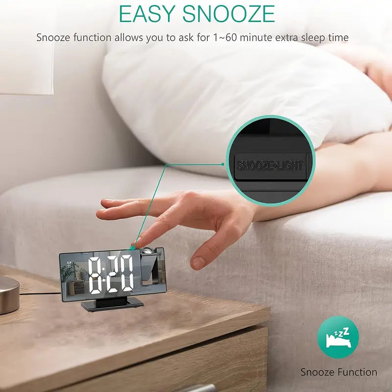 180° Adjustable LED Projection Clock – Snooze, 12/24H Time & Temp Display, Mirror Design – USB Powered, Night Mode & Memory Function