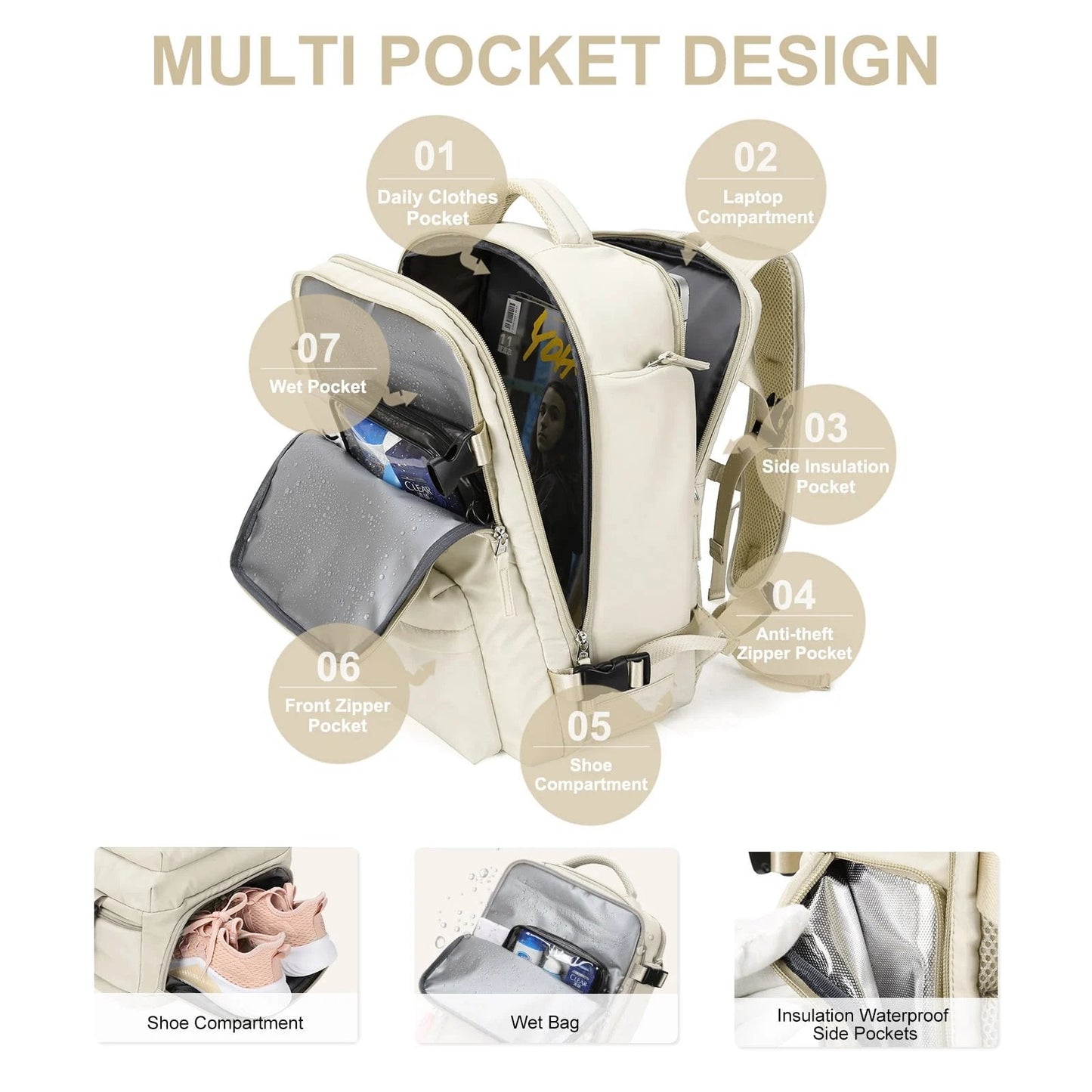 Large Women's Waterproof Travel Backpack – Anti-Theft Hiking Rucksack with USB Charging