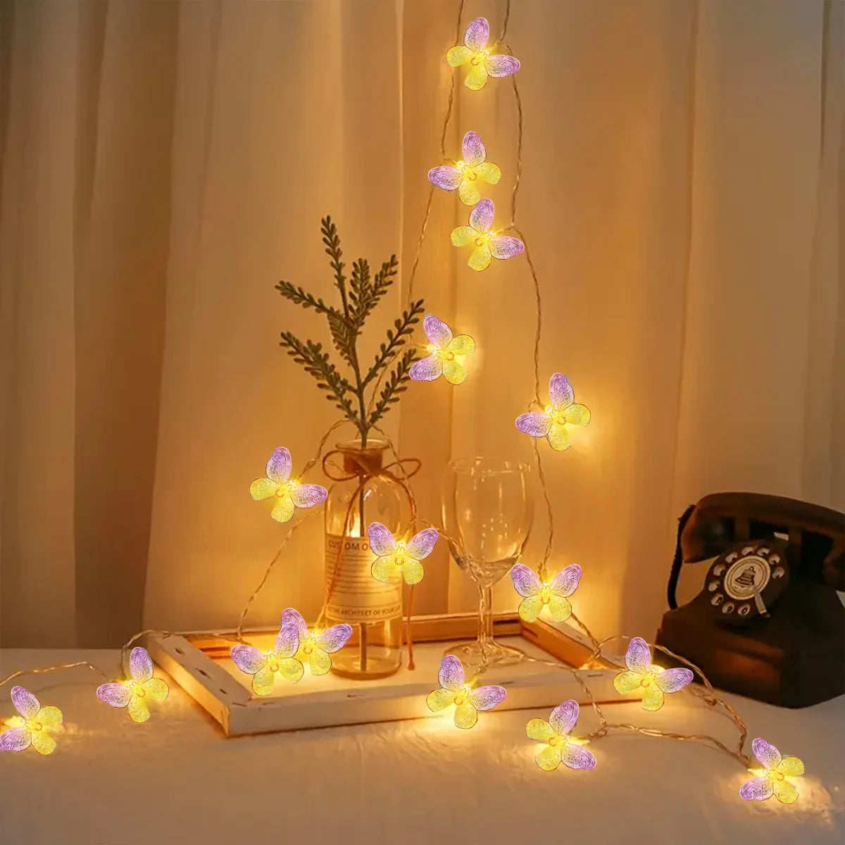 Butterfly String Lights | 10 or 20 LEDs | Pink and Yellow | Romantic Home & Garden Decor