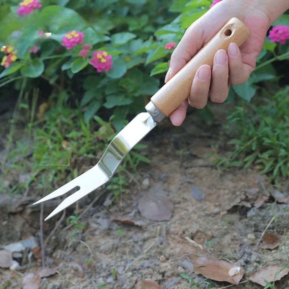Ergonomic Stainless Steel Weeding Tool with V-Shaped Head and Wooden Handle