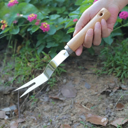 Ergonomic Stainless Steel Weeding Tool with V-Shaped Head and Wooden Handle