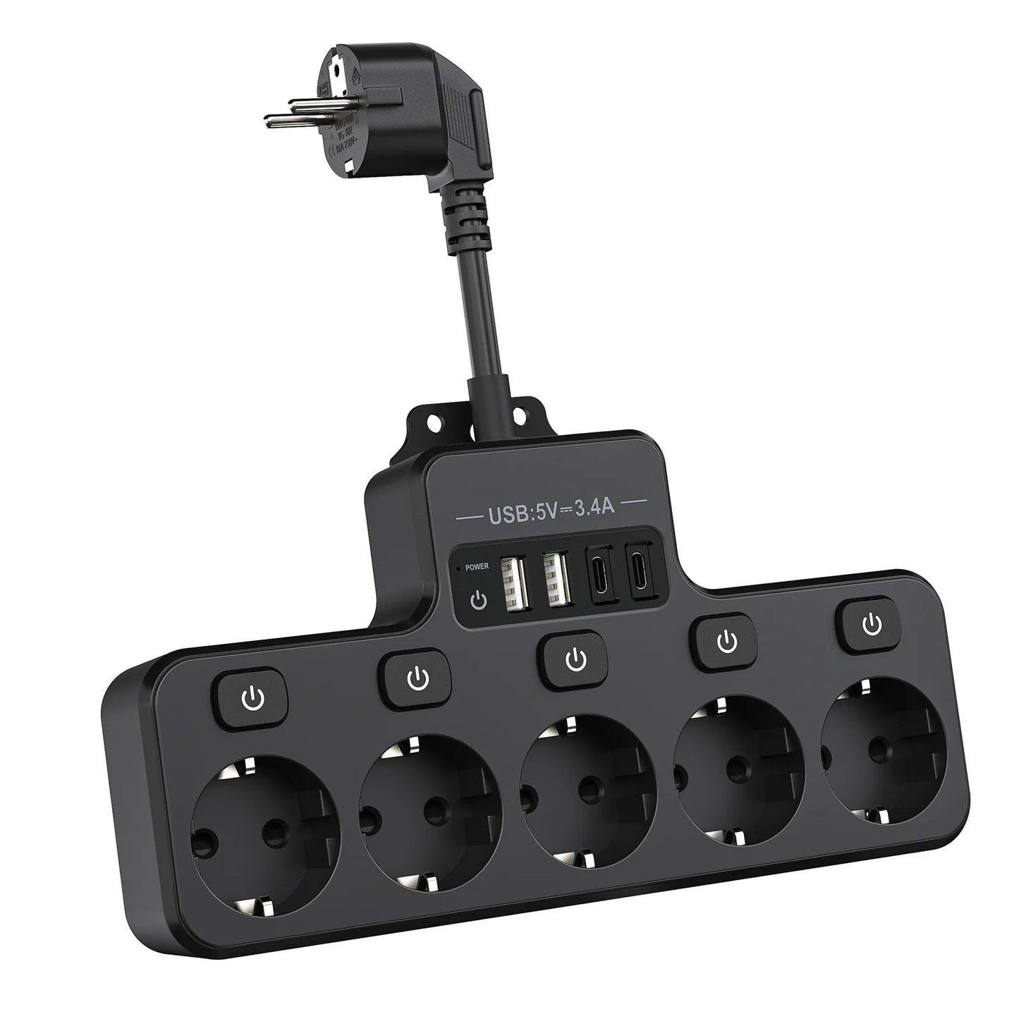 9-in-1 Power Strip with 5 AC Outlets and 4 USB Ports (2 Type-C) - 16A, 10 cm Short Cable, Individual Switch Control